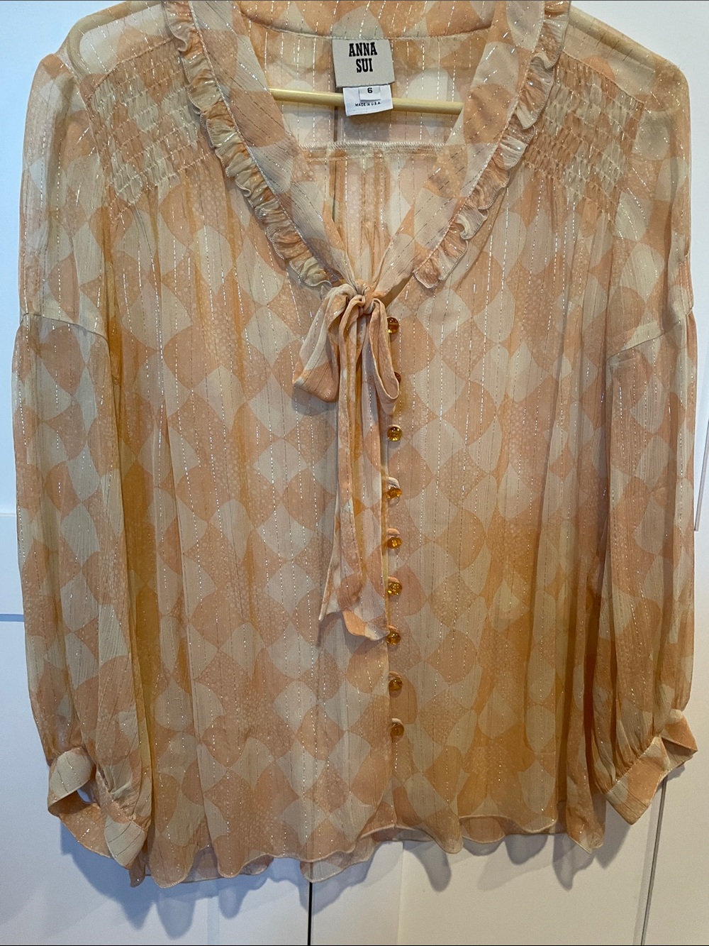 Anna Sui Peach and Cream Ruffled Tie-Neck Blouse